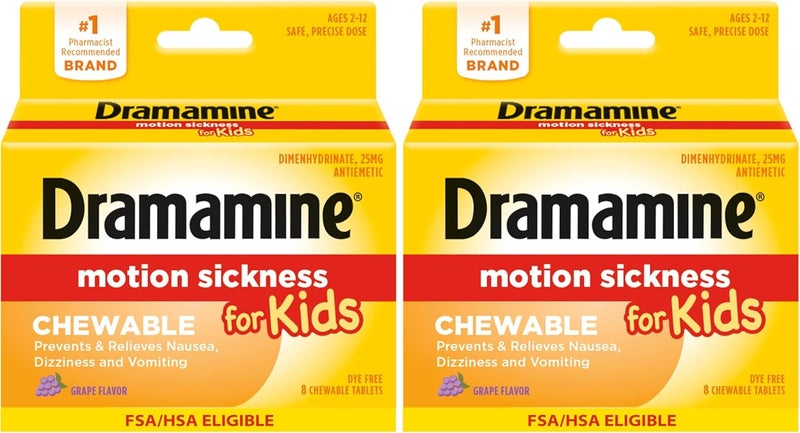 Dramamine Motion Sickness Relief for Kids - Chewable Grape Flavor, 8 Count (Pack of 2) - Image 1